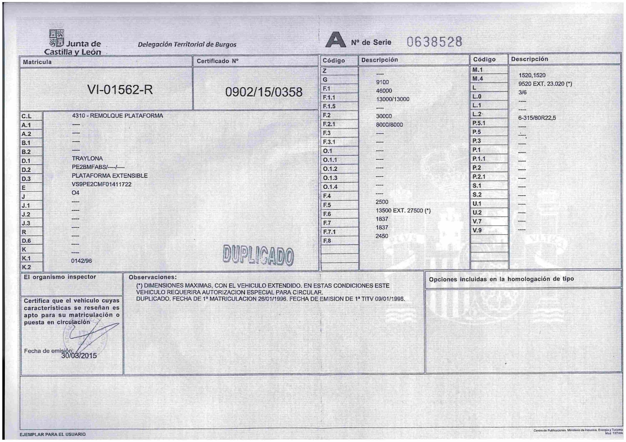 x- VENDIDO - Semirremolque plataforma extensible Traylona Año 1996 - Imagen 10
