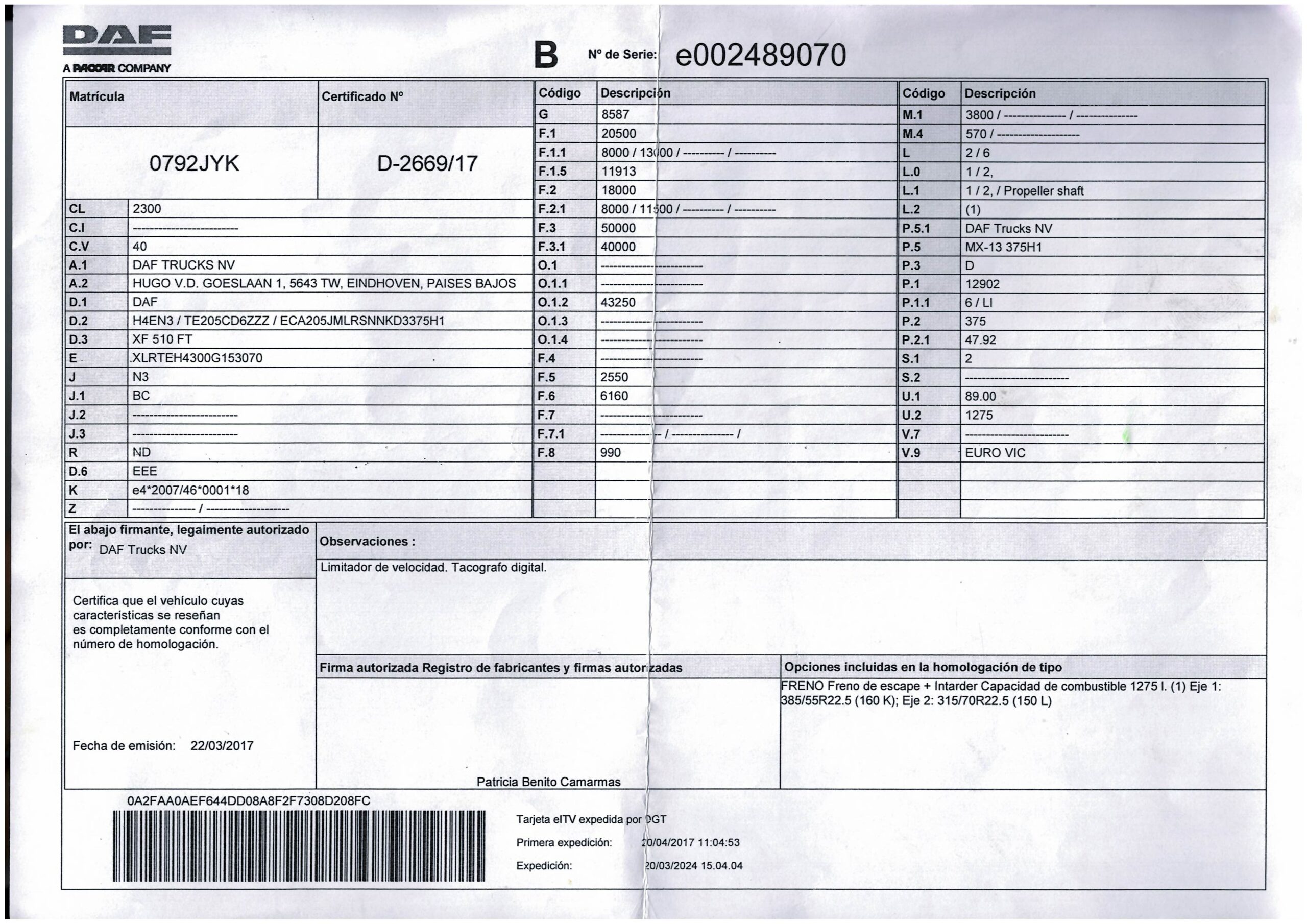 Ficha técnica original cabeza tractora DAF XF 510 FT 2017