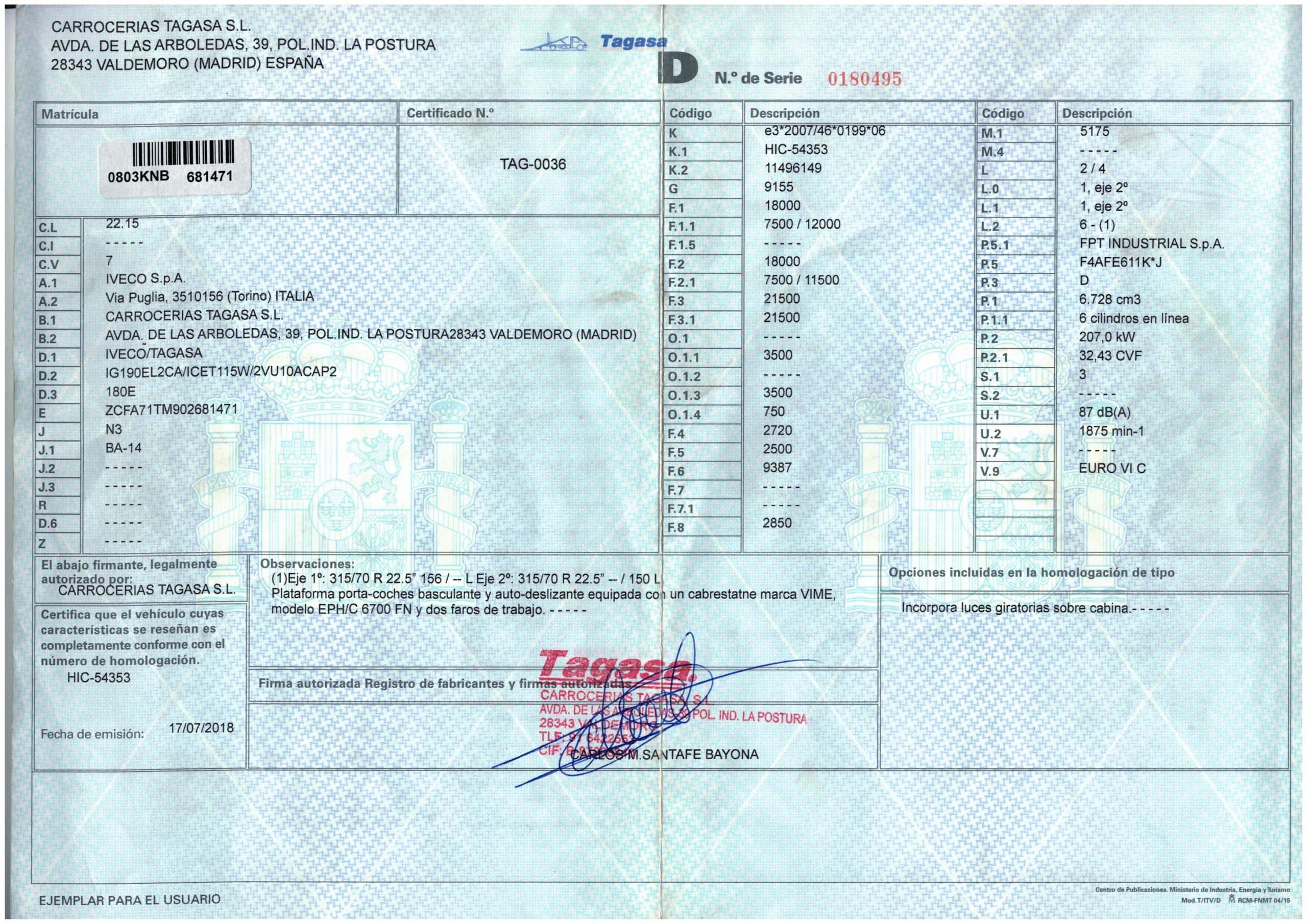 Ficha técnica camión portavehículos Iveco 180E