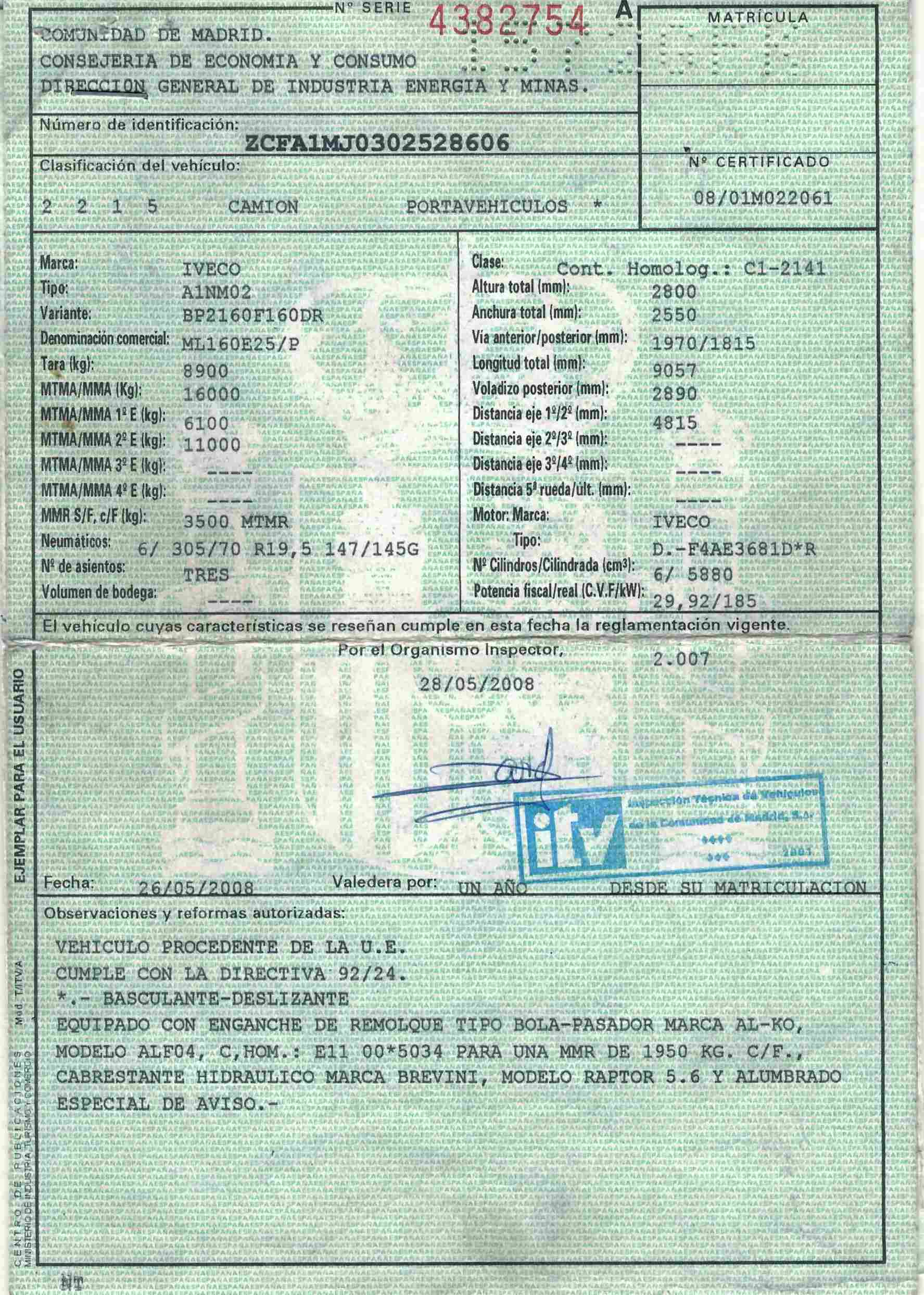 Ficha técnica camión portavehículos Iveco ML160E25/P