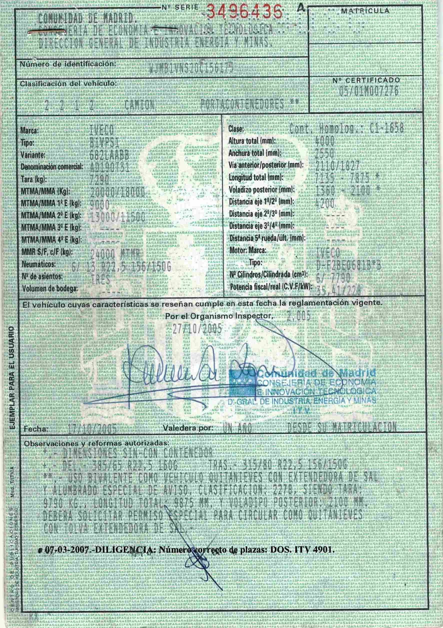 Ficha técnica camión quitanieves Iveco AD190T31