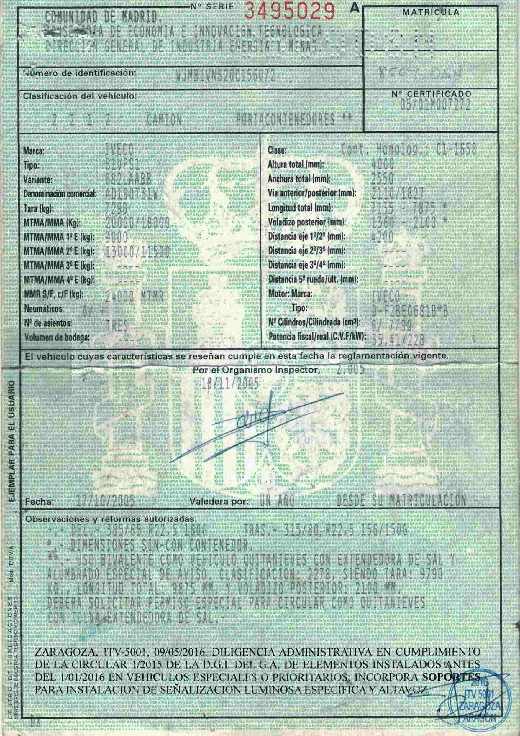 Ficha técnica camión quitanieves Iveco AD190T31W