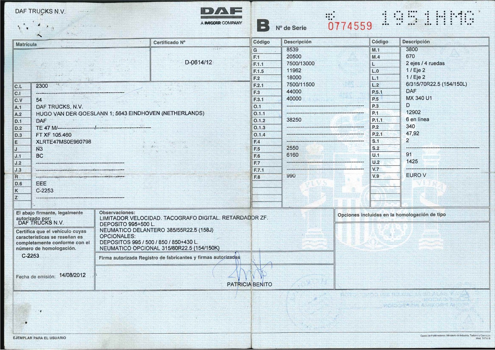Características técnicas DAF XF 105.460