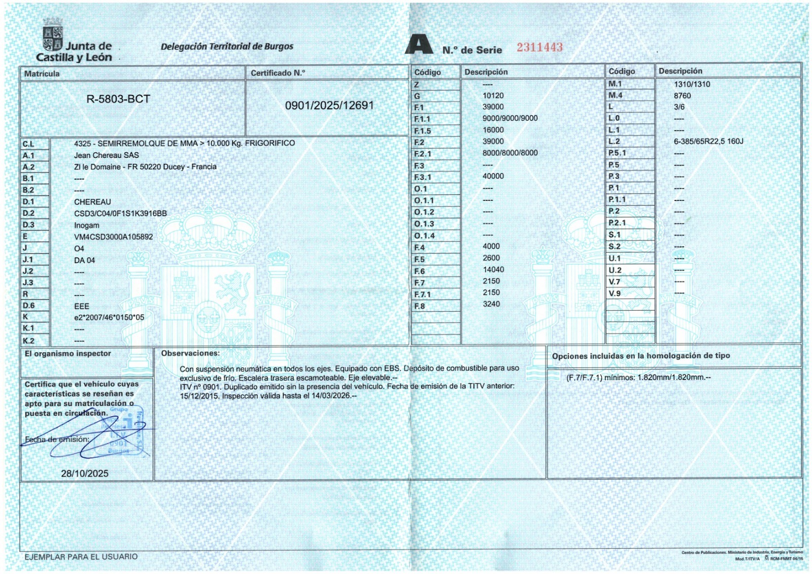 Ficha técnica semirremolque frigorífico Chereau Inogam