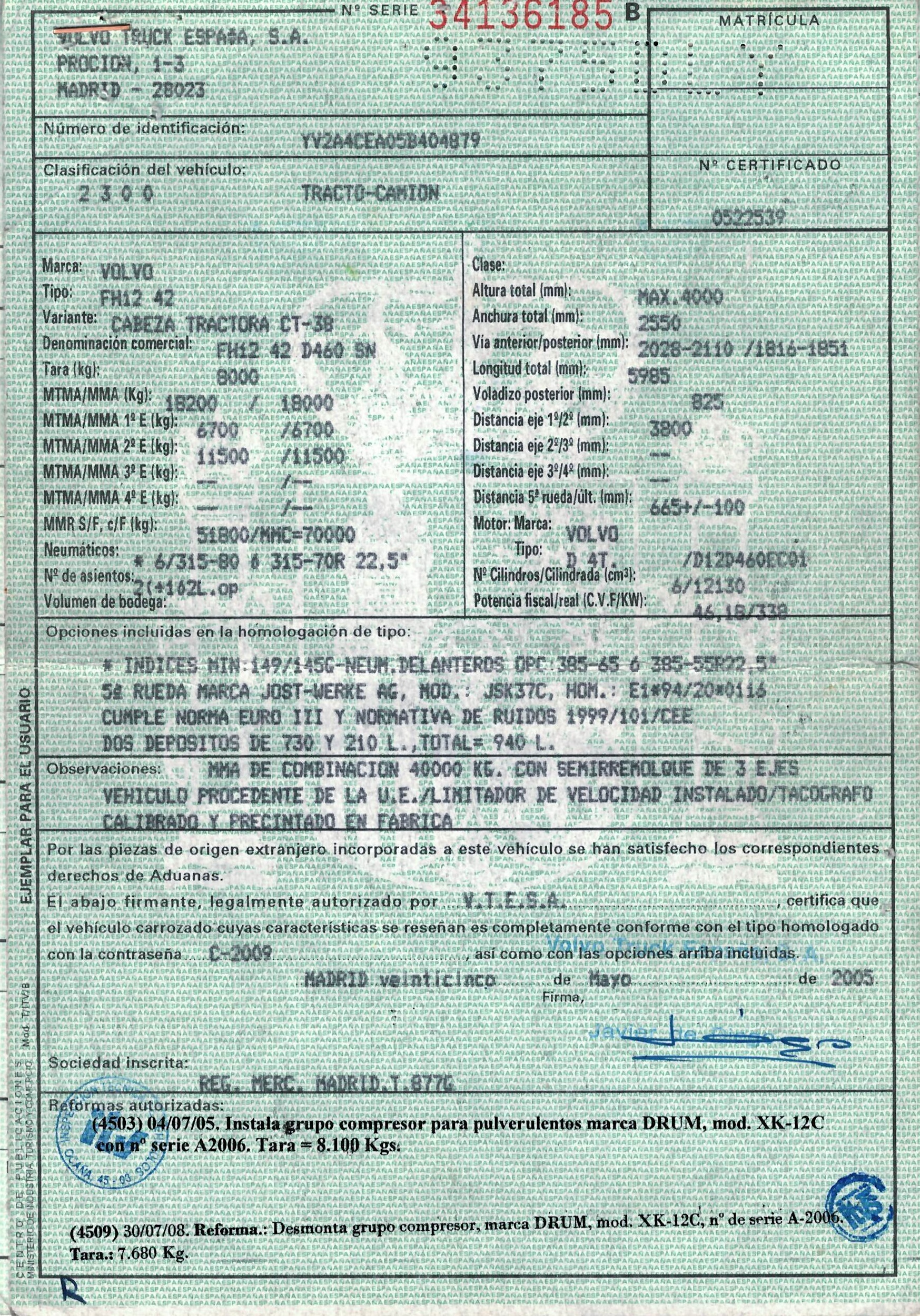 Ficha técnica Volvo FH12 D460