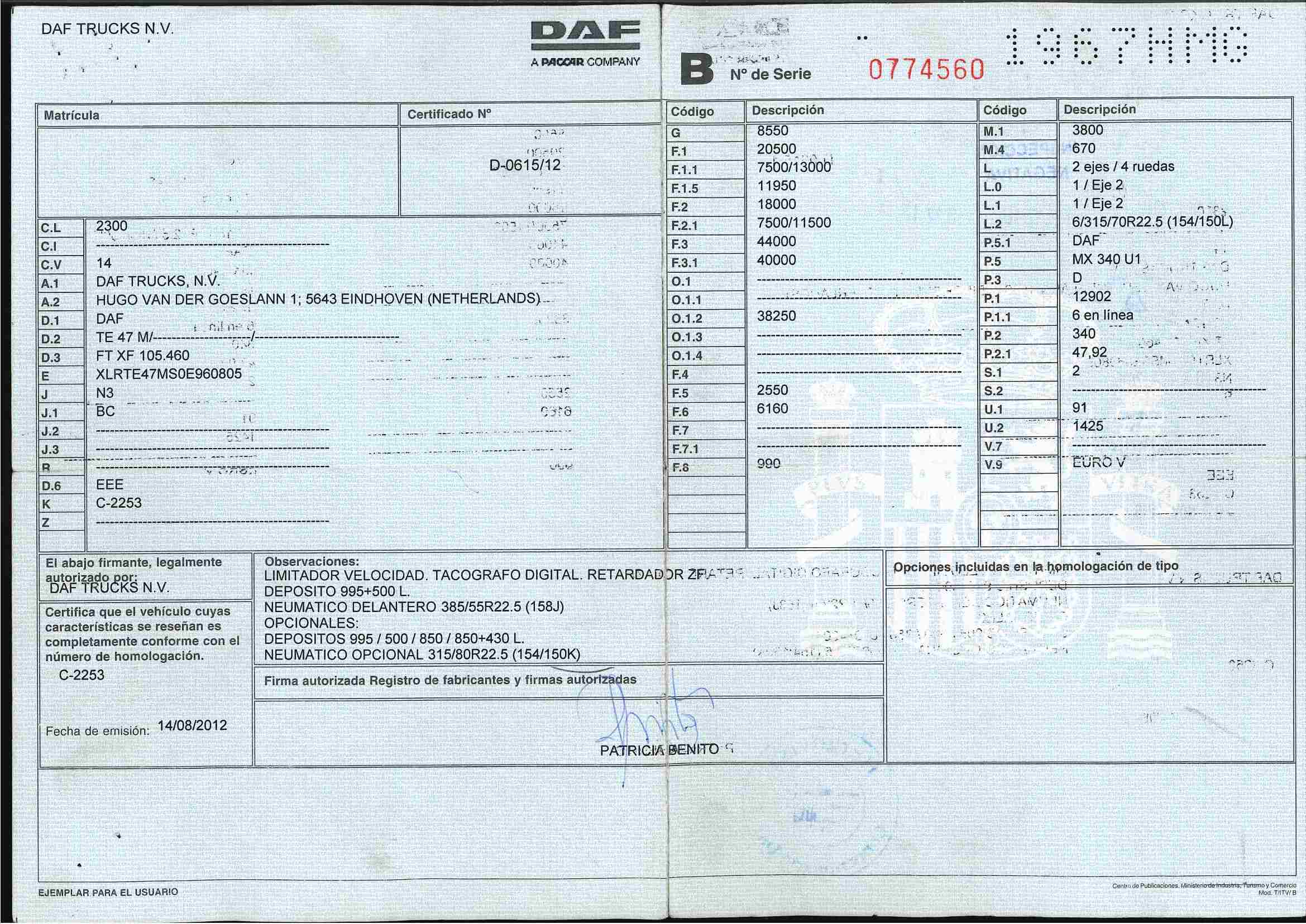 Características técnicas DAF XF 105.460