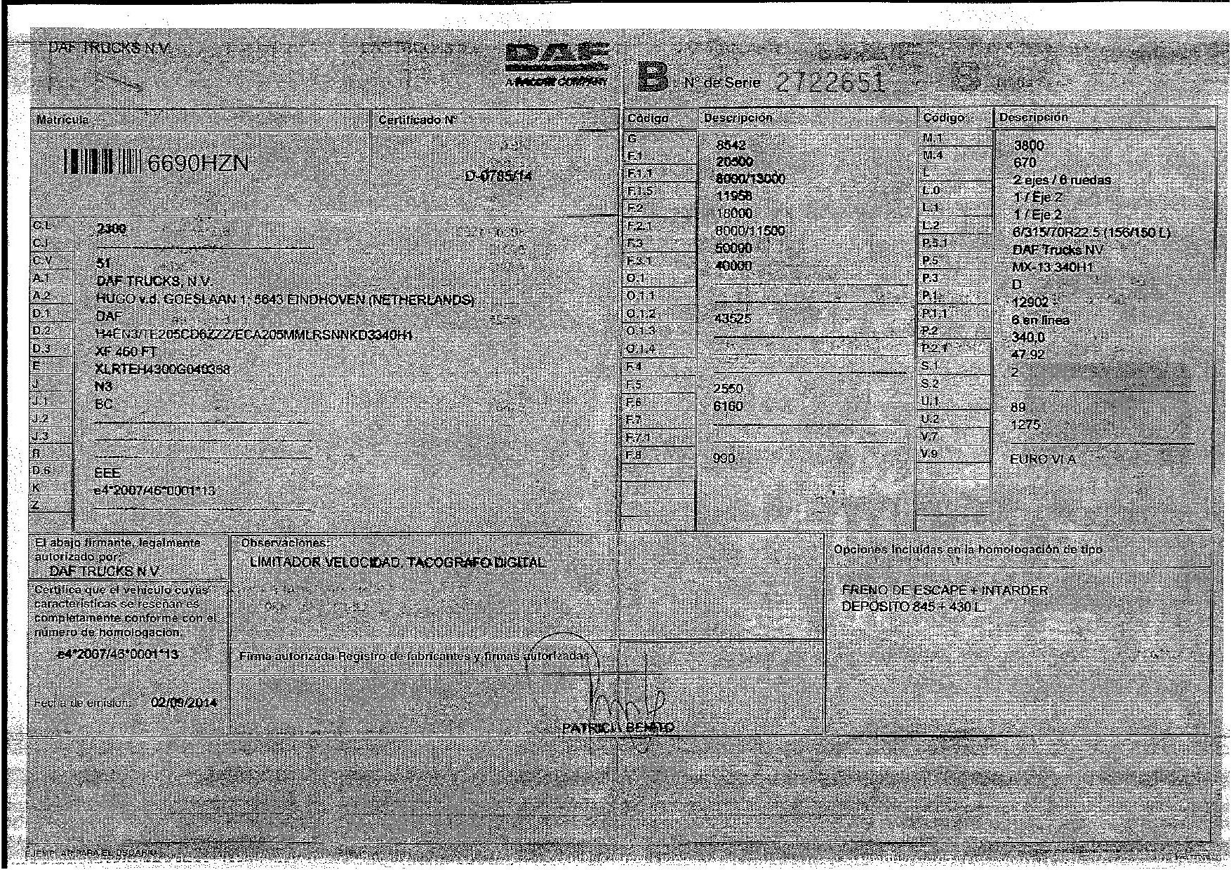 Características técnicas DAF XF 460 FT