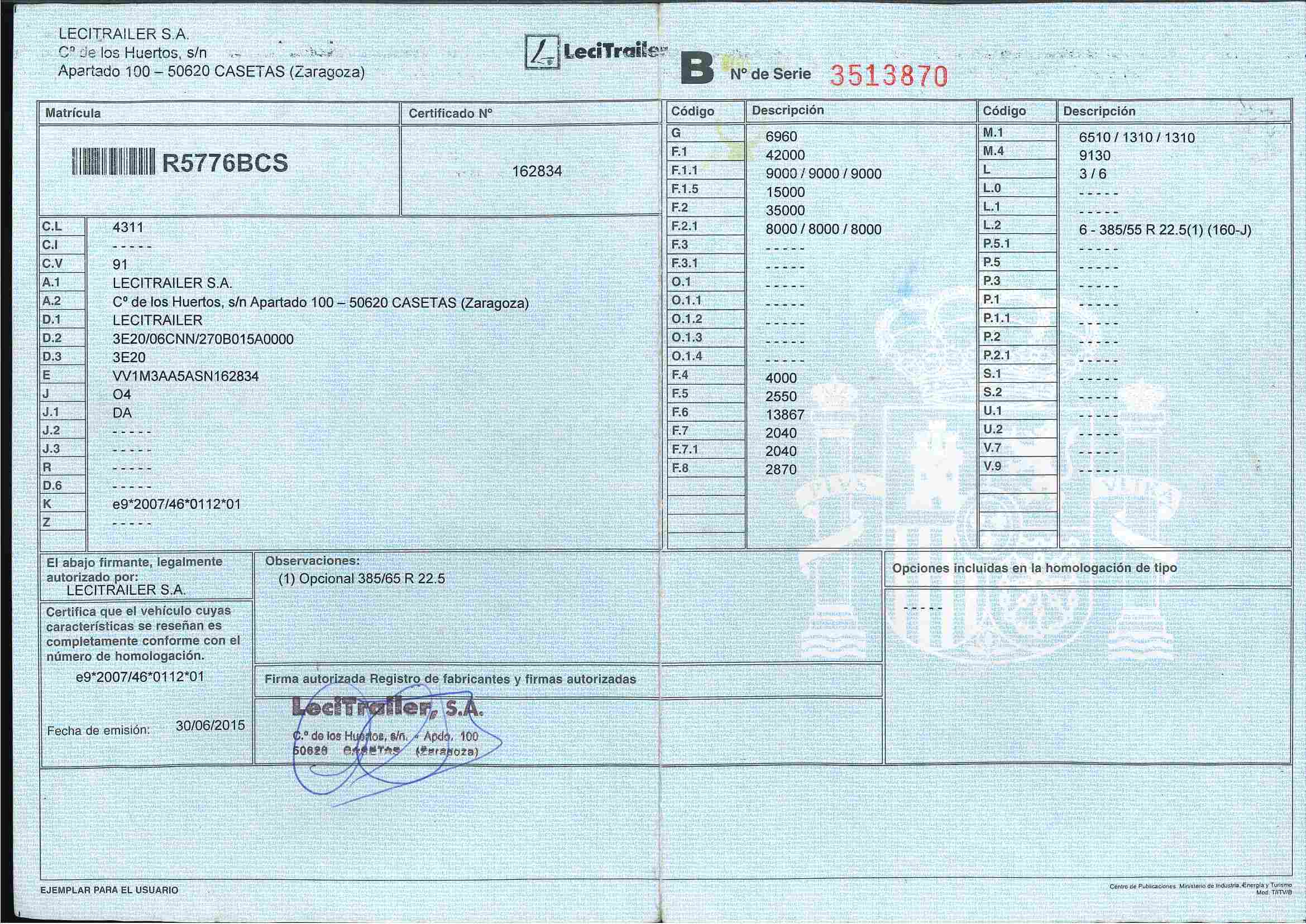 Especificaciones Lecitrailer 3E20 tauliner